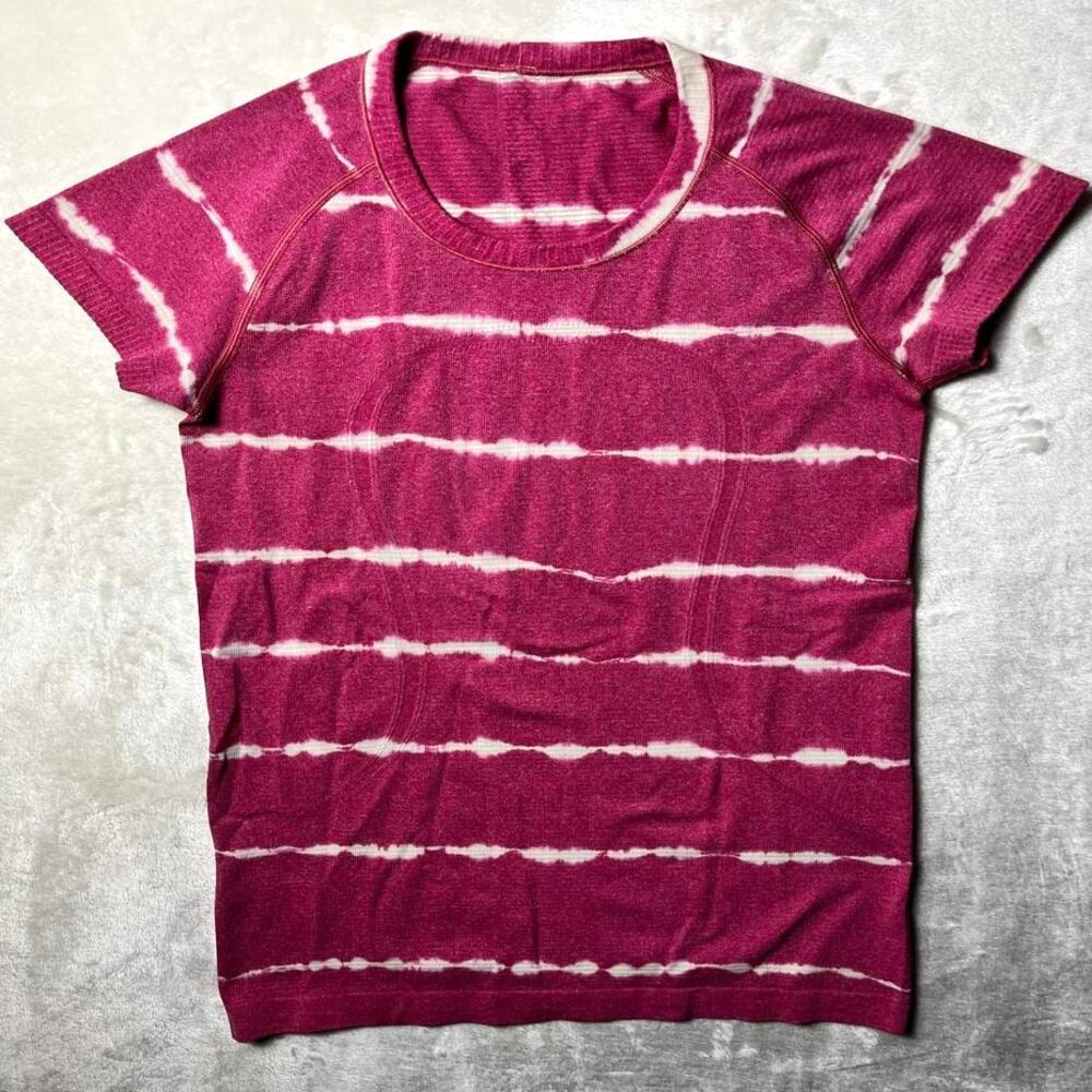 Lululemon Swiftly Tech T-Shirt Women's 6 Pink White Tie Dye Stripe Workout Yoga